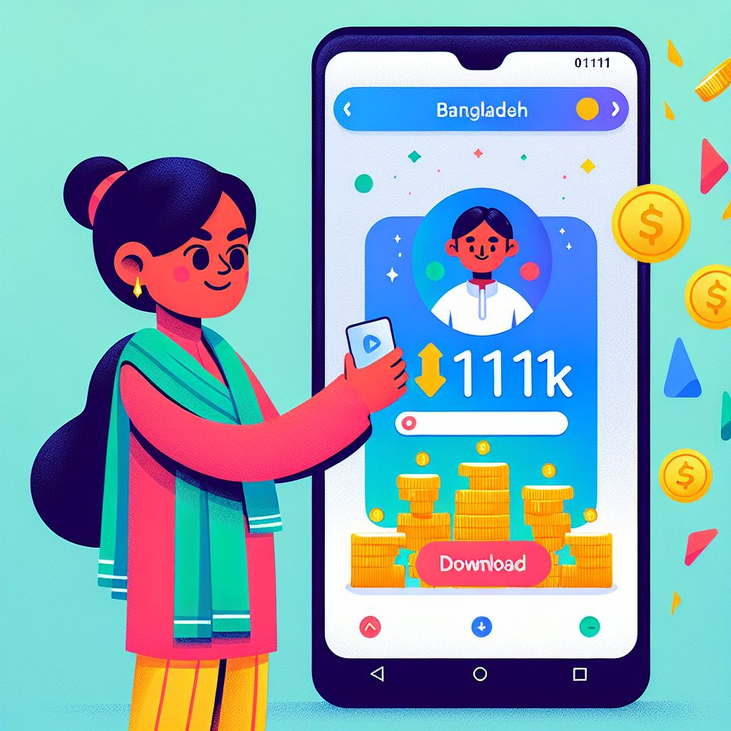 Cartoon character holding an Android phone with 1111TK app interface and download arrow