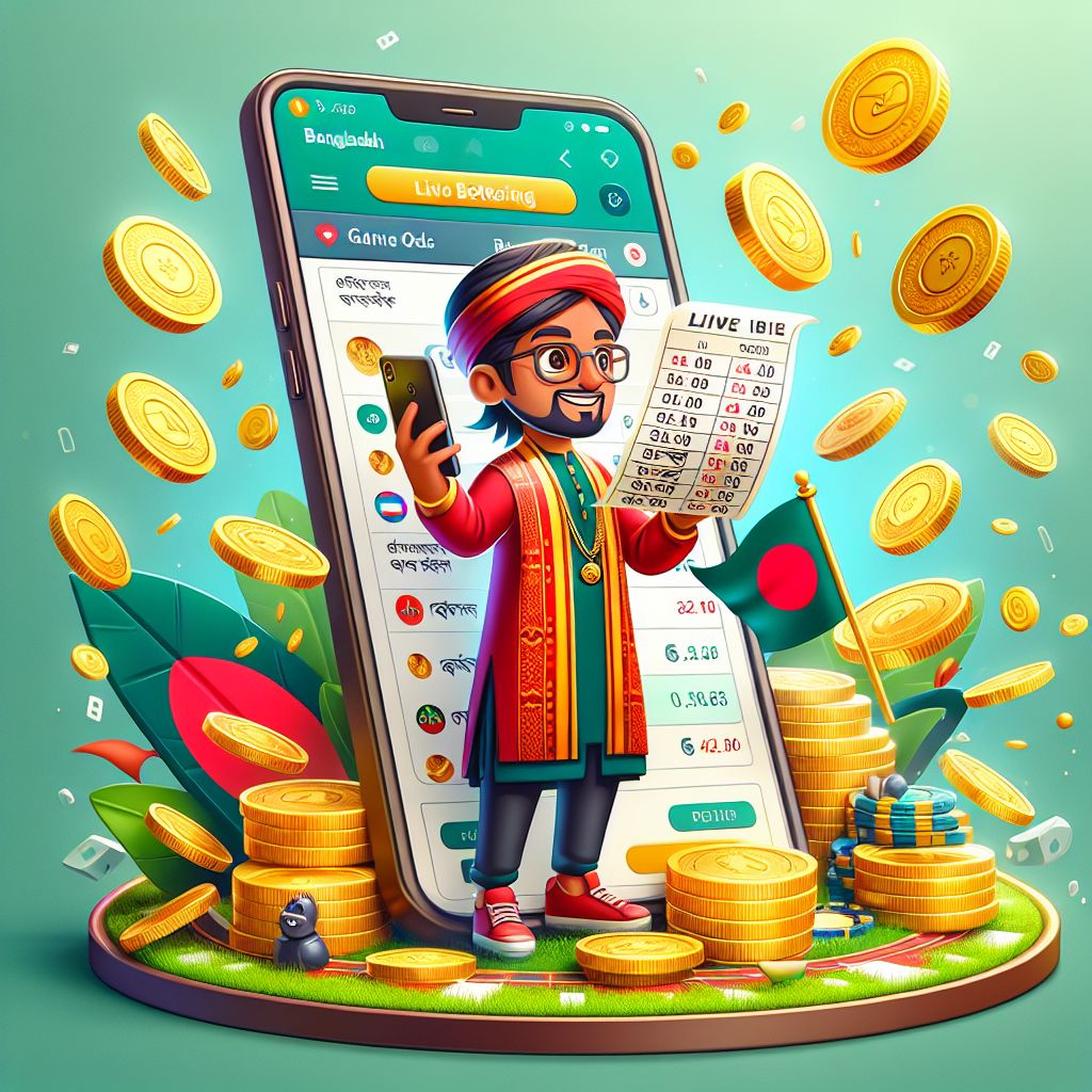 1111TK bet cartoon character holding a betting slip with coins and a live match scoreboard