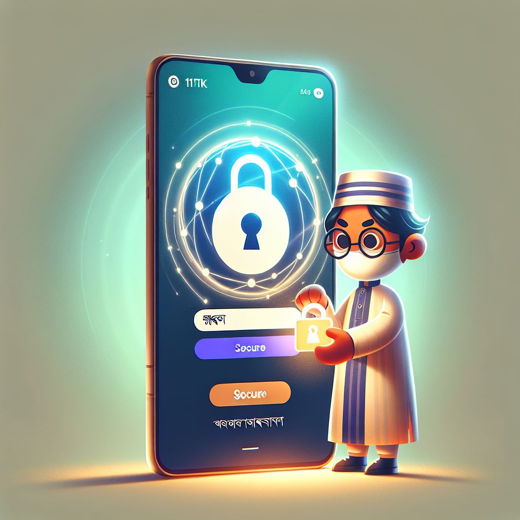 Cartoon character holding a phone with a secure login screen and 1111TK branding